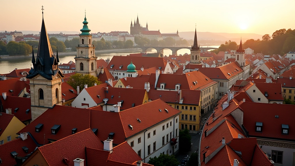 Úhel pohledu na Pražský hrad a střechy historické části Prahy s modrým nebem