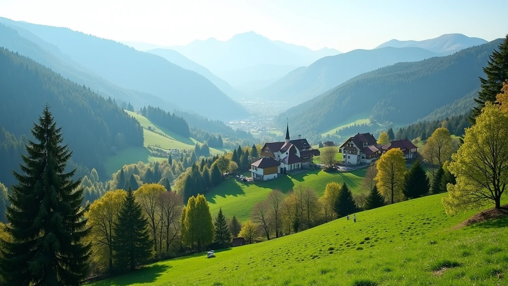 Krajinná fotografie české krajiny s horami, jezery a tradičními vesnicemi