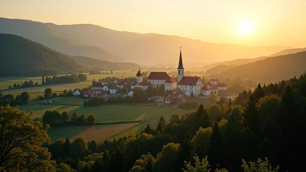 Krásná krajina českého venkova s malým městysem v údolí a kopci v pozadí