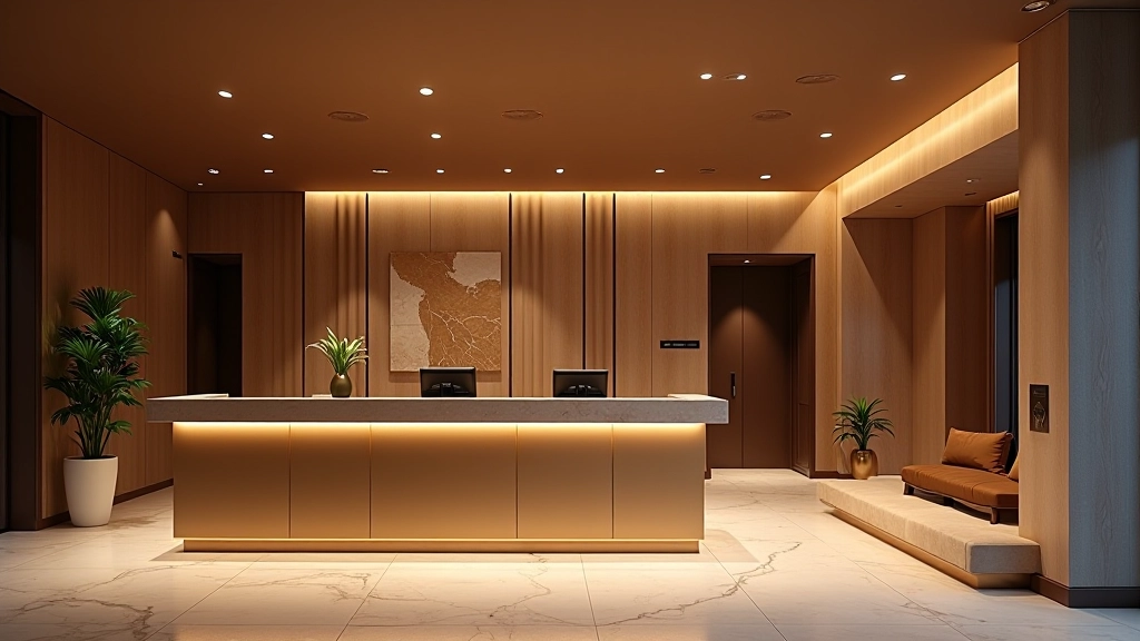 Luxusní hotelový lobby s moderním designem, recepční pultů a elegantním osvětlením