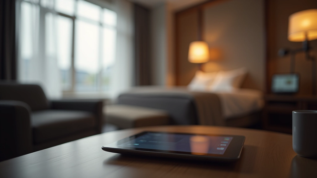 Moderní hotelový pokoj s technologií, tablet na stole, útulné osvětlení