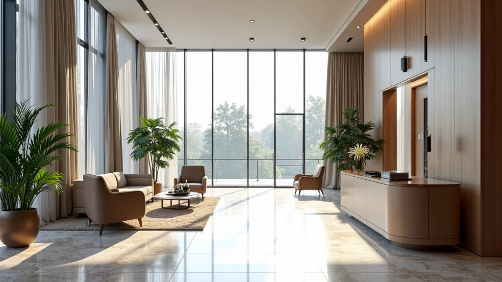 Moderní hotel lobby s elegantním nábytkem, velké okno a přirozeným světlem