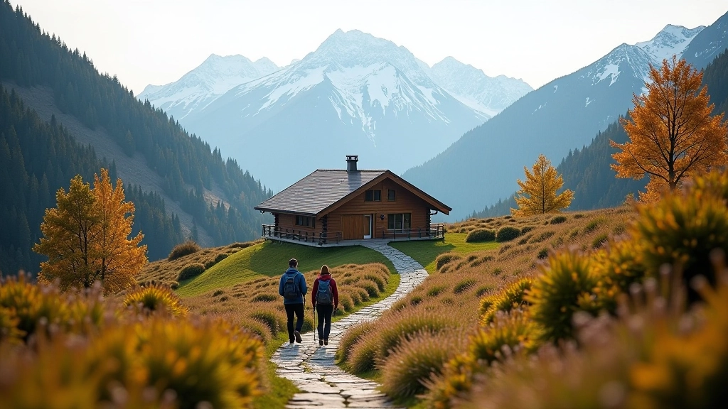 Horská krajina s moderním penzionu a cestovateli, Krkonoše nebo Šumava