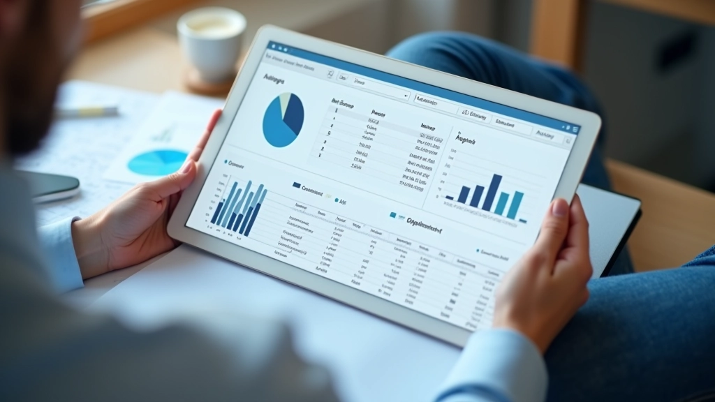 Notebook s tabulkami a grafy na dřevěném stole vedle kalkulačky a pera