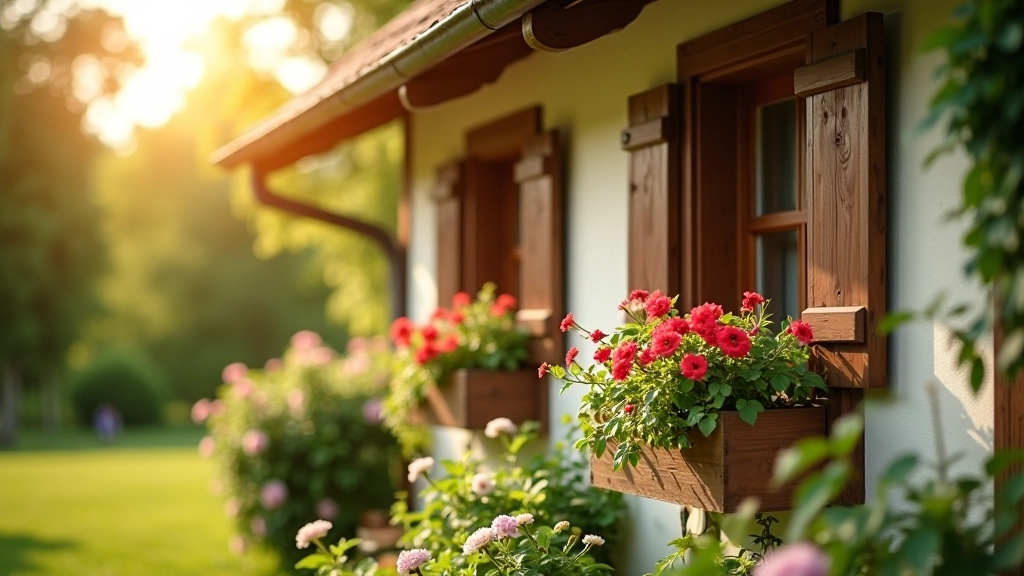 Malý venkovský penzion s tradiční architekturou, letní slunce, květiny v okně